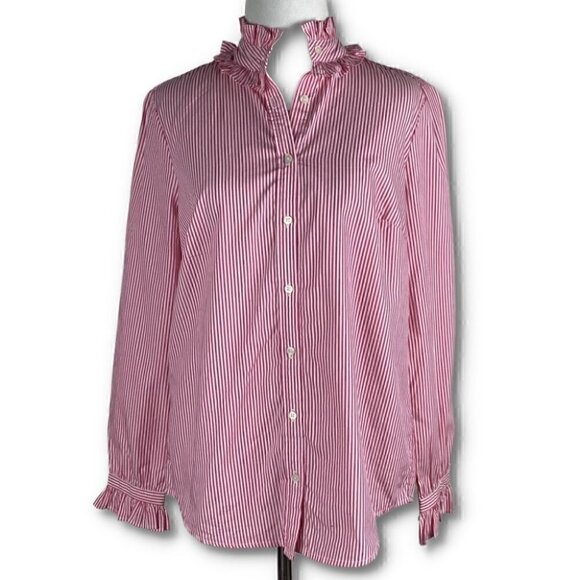 J Crew Re-imagined top style as700 size XS pink white pinstriped ruffle - Picture 13 of 13
